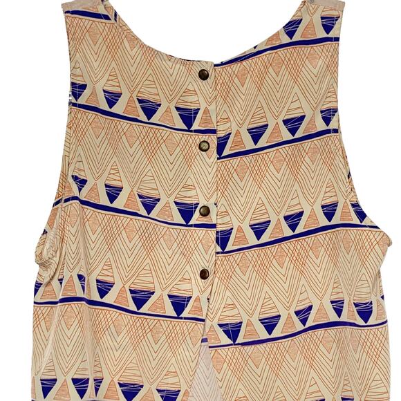 LUSH Aztec Print Cropped Top Scalloped Back Button Down Geometric Tan Blue Sz M - Picture 4 of 8